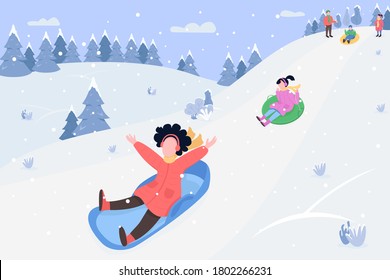 Children on sleds semi flat vector illustration. Family bonding activity. Winter season entertainment. Play on mountain in snow. Parents and kids 2D cartoon characters for commercial use