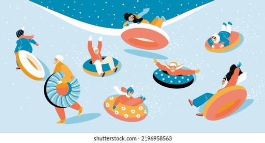 Children on a snow tubing slide down a hillside during a snowfall. Happy kids actively spend time on winter holidays. Flat vector illustration