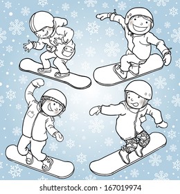 Children on snowboards Set. Black and White outline. Winter activities. Isolated objects on Snow Winter background. Great illustration for school books, magazines, advertising and more. VECTOR.