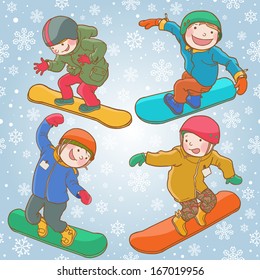 Children on snowboards Set. Winter activities. Isolated objects on Snow Winter background. Great illustration for school books, magazines, advertising and more. VECTOR.