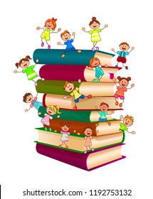 The children are on a stack of books. Children and books on a white background.                                                                                                                       