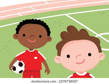 Children on a stadium ready to play football. Boys in football uniform. 