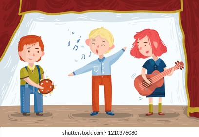 Children on the stage sing and play musical instruments. Kids Art. Vector illustration