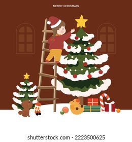 Children on stairs decorate pine trees on Christmas and New Year's Eve, lights, gifts and dolls. The beginning of winter with the Christmas season.