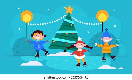 Children on the street at the christmas tree skating. Traditional holiday decoration. Happy kids enjoy winter. Isolated vector illustration in flat style