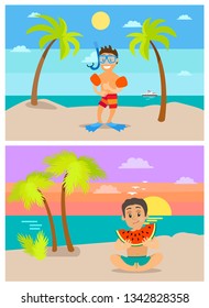 Children on summer vacation vector, kid eating lush watermelon sitting on sand. Boy wearing equipment for snorkeling and scuba diving activity summertime