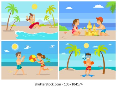 Children on summer vacation vector, girl in lifebuoy, boy wearing special diving equipment for snorkeling. Brother and sister playing ball building castle