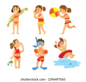 Children on summer vacation vector, isolated kids boys and girls wearing swimming suits and playing games. Volleyball and snorkelling, kiddo with towel