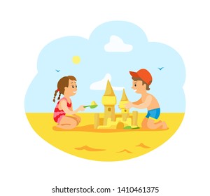 Children on summer vacations vector, boy and girl building castle from sand using shovels. Friends brother and sister enjoying holidays of summertime