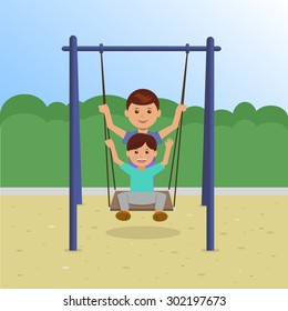 Children on Swing In the Park. Vector Illustration.