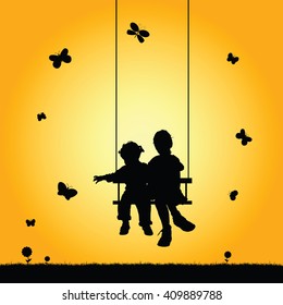 Children On Swing Silhouette Illustration In Colorful