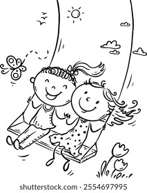 Children on swings. Hand drawn cartoon kids swinging. Doodle two girls playing outdoor. Outline vector illustration