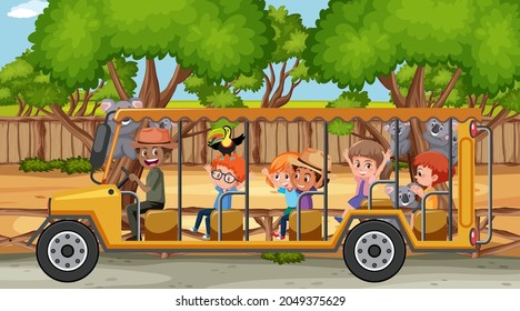 Children on tourist car explore in the zoo scene illustration