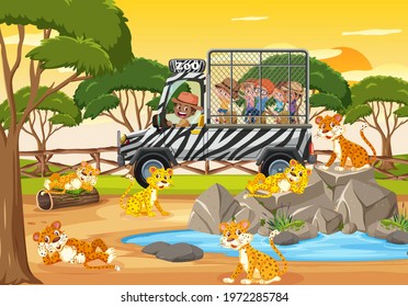 Children on tourist car watching leopard group in the zoo scene illustration