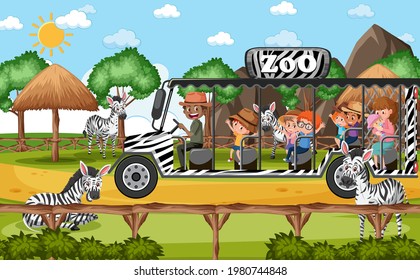 Children on tourist car watching zebra group in the zoo scene illustration