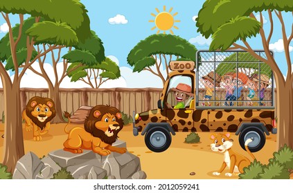 Children On Tourist Car Watching Lion Group In The Zoo Scene Illustration