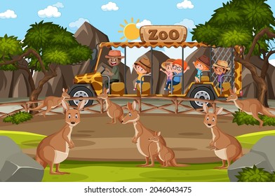 Children on tourist car watching kangaroo group in the zoo scene illustration