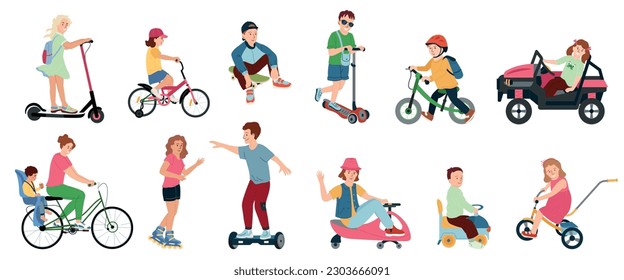 Children on toy vehicles flat set of isolated icons with teenage boys and girls riding toys vector illustration