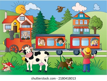 Children on the train, cute dog and cow. Colored worksheet,