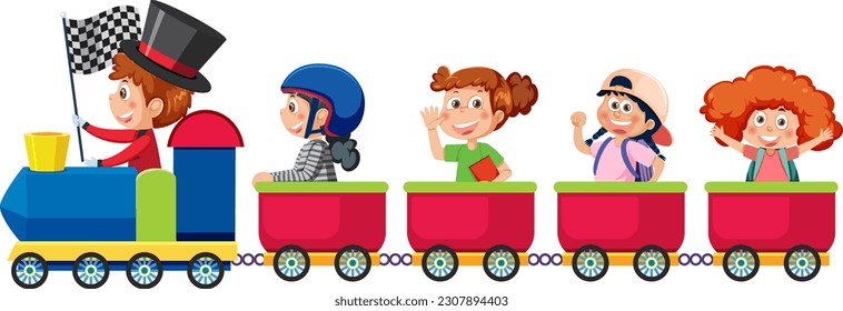 Children on the train isolated illustration