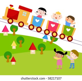 Children on Train waving their hands