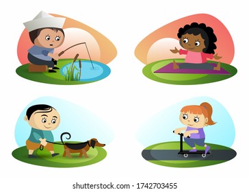 Children on vacation have fun in nature. Walk with the dogs. Yoga classes. Fishing at the pond. Walk on a scooter. Vector collection.