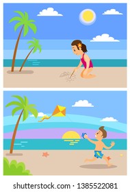 Children on vacation vector, summertime fun of kids on holidays. Girl drawing with stick on sand, boy running with wind kite. Island sunset, seaside view