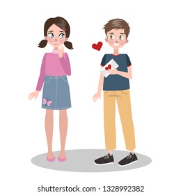 Children on Valentine day. Boy and girl celebrate romantic date. Idea of relationship and love. Isolated vector illustration in cartoon style