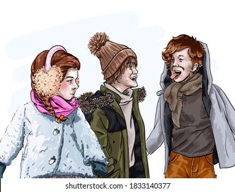 Children on walk isolated hand drawn painted sketch. Vector kids in winter cloth, girl in earmuffs and boys in hat, kindergarten infants in retro design. Portrait of cute kids having fun together