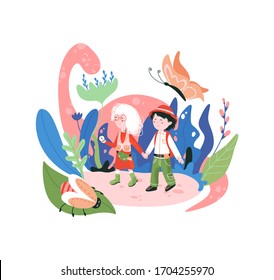 Children on a walk in the park. Illustration. Friends hold hand and walk together. Fantasy child world. World of childhood. Children fantasy world with magic plants and cute monsters. Kids print.