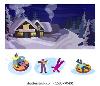 Children on winter vacation flat vector illustration set. Kids sleighing with inflatable tube, making snow angel. Holiday, activity, leisure concept
