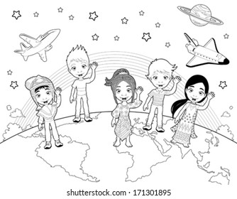 Children on the world in black and white. Cartoon vector illustration.