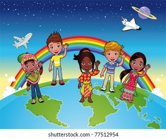 Kinder auf der Welt. Cartoon und Vektorgrafik mit einzelnen Zeichen und Elementen.