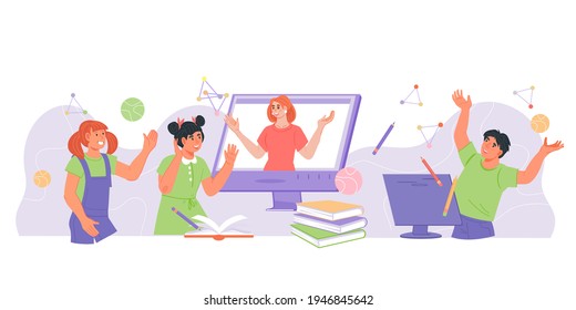 Children online distance education banner with cute children and teacher communicating via computer. E-learning and online school for children. Kids study at home, flat vector isolated on white.