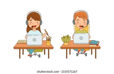 Children online education and e-learning concept. Boy and girl using laptop computer and headphones for learning cartoon vector illustration