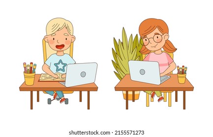 Children online education and e-learning concept. Cute little boy and girl using laptop computer for learning cartoon vector illustration