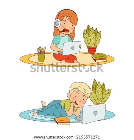Children online education and e-learning concept. Cute little boy and girl studying online at home cartoon vector illustration