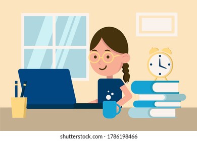 Children Online Education, Remote Studying, Training and Courses, Learning, Video Tutorials For The Kids. Children Study Online Use Laptop With School Items. Cartoon Flat Style. Vector Illustration