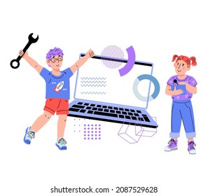 Children online education and technical or robotics lessons concept with boy and girl next to computer. Online learning computer technology and programming for kids, flat vector illustration isolated.