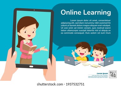 children online learning tablet concept ,Learning technology ,E-learning online education and remote study concept template