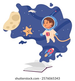 Children open book about space adventures with cute boy astronaut flat vector illustration isolated on white.