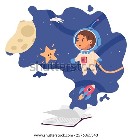 Children open book about space adventures with cute boy astronaut flat vector illustration isolated on white.