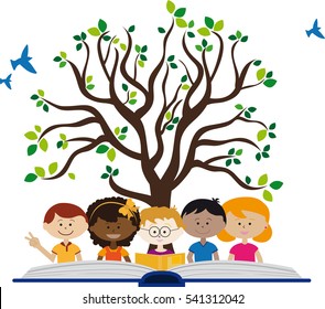 Children with an open book and a tree of wisdom.
