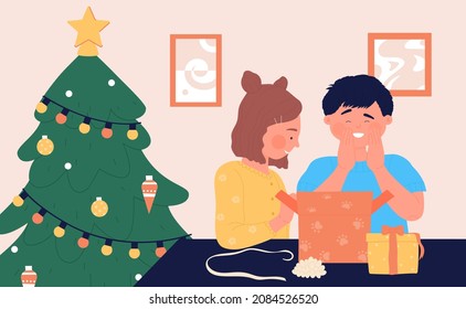 Children open Christmas gift, happy kids with present vector illustration. Cartoon excited little girl boy characters opening xmas surprise gift box near cute Christmas tree at home background