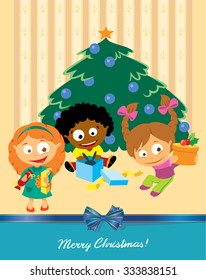 Children open a gift under the Christmas tree. Christmas card in cartoon style with cute boy and girls. Cheerful characters. Vector illustration on New Year winter  holidays theme