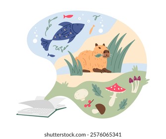 Children open paper book about nature and animals flat vector illustration isolated on white. Earth science for children book concept.