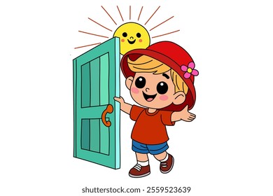 Children opened door, clipart cartoon.