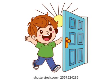 Children opened door, clipart cartoon.