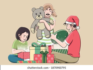 Children Opening Christmas Gift Vector 