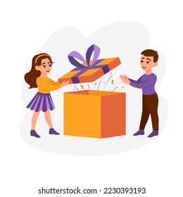 Children opening gift box and looking at festive confetti thrown out of it. Concept of birthday or New Year party. Flat colorful vector illustration for banner, poster.